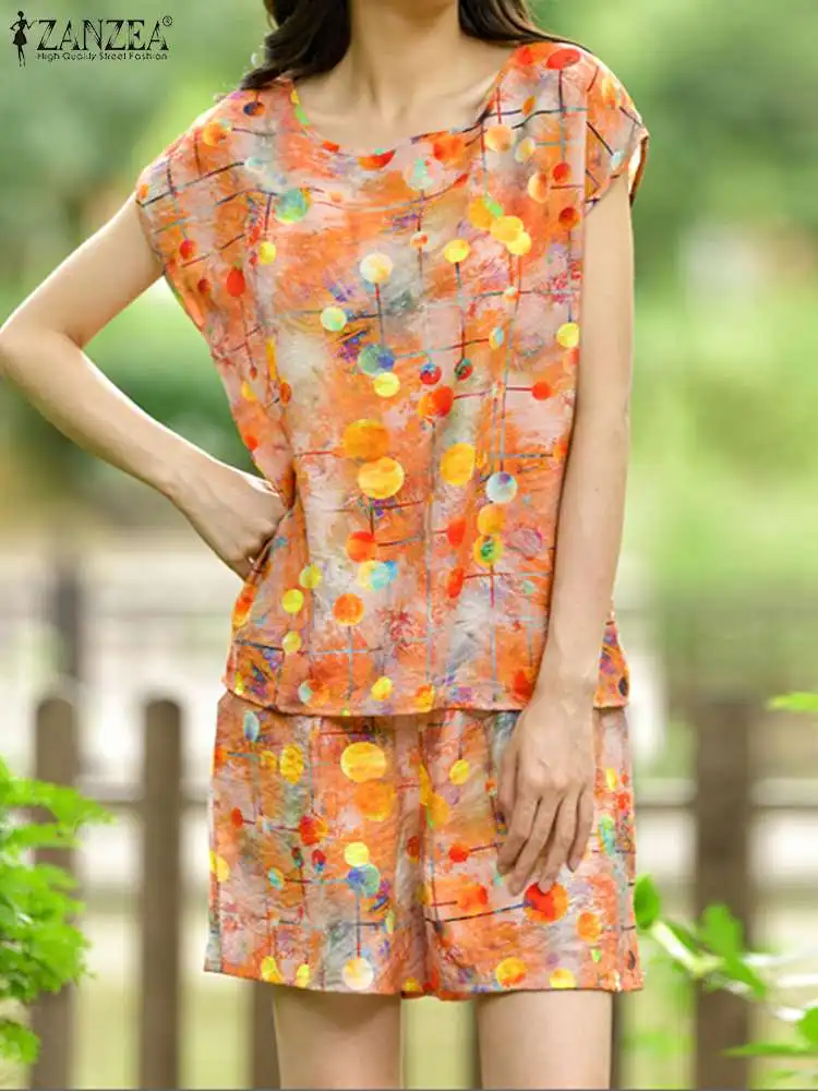 

Костюм ZANZEA женский короткий с цветным принтом, Модный повседневный комплект из 2 предметов, топ с коротким рукавом и карманами, в Корейском стиле, лето 2023