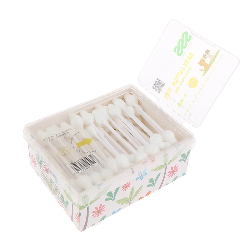 55pcs Safety Baby Cotton Swab Gourd Shape Clean Ears Sticks Medical Buds Tip Swabs Box Plastic |