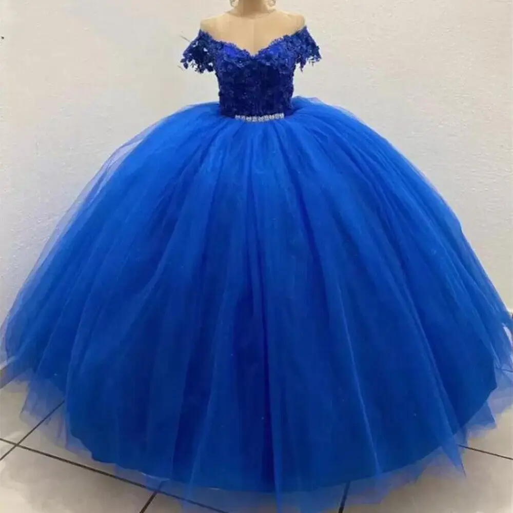 

ANGELSBRIDEP Plus Size Beaded Quinceanera Dress Off the Shoulder Royal Blue 3D Appliqued Pageant Ball Gown Vestidos De Novia