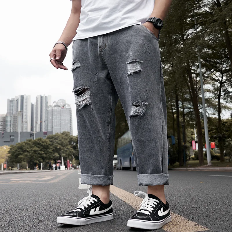 Plus Size Baggy Ripped Jeans Men Denim Pants Grey Wide Leg Trousers Men's Jeans Loose Casual Korean Streetwear Hip Hop Holes
