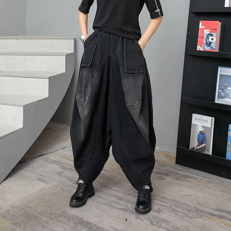 

Black Cowboy Cross-pants Women Harajuku Streetwear Hip Hop Pocket Denim Harem Trousers Baggy Dance Jean Washed Bloomers Jogger