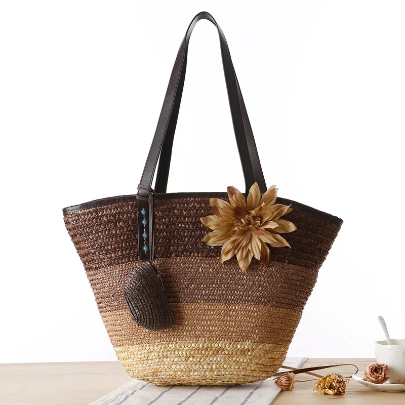 

2022 Fashion Straw Handwoven Tote Shoulder Bag 2 in1 Crochet Straw Braided Handbag Applique Hit Color Striped Print Beach Bags