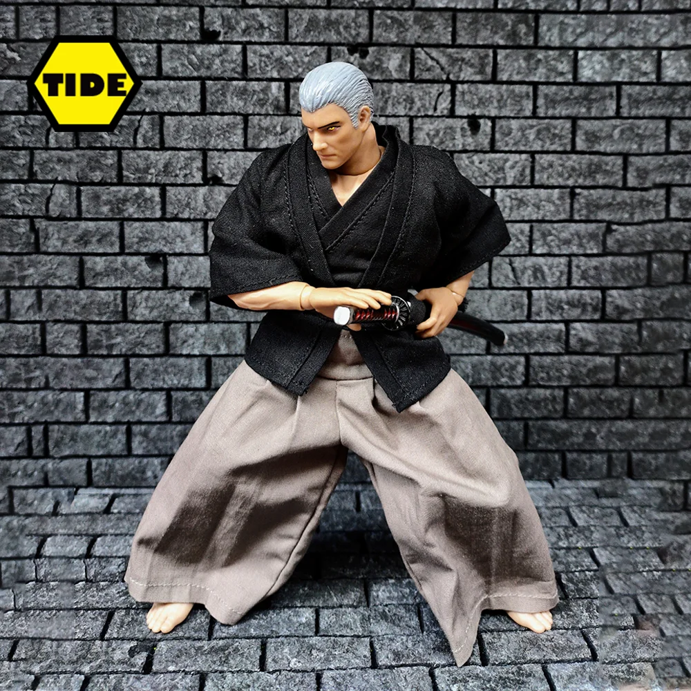 

1/12 Scale Japanese Samurai Kimono Suit Black Top Grey Samurai Pants For 6in MEZCO GW VT Strong Male Soldier Action Figure Body