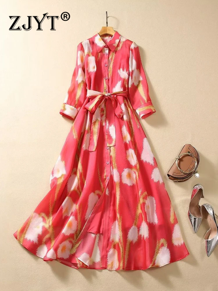 

ZJYT Runway Floral Print Autumn Dresses for Women 2023 Fashion Single Breasted Holiday Long Maxi Vestidos Red Aline Party Robe