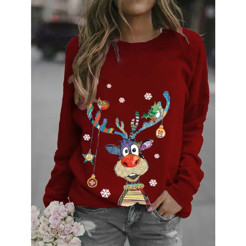 

Рождественский Женский пуловер, модные спортивные толстовки с длинным рукавом, женские рождественские топы с красочным принтом оленя, зимняя одежда для женщин
