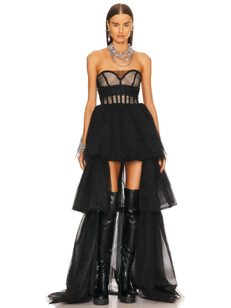 

Новинка лета 2023, женское сексуальное кружевное Сетчатое черное Плиссированное длинное платье-макси без бретелек, вечернее женское платье в стиле High Street