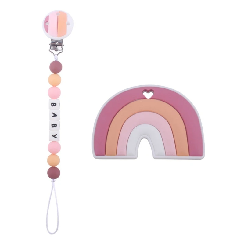 

2 Pcs Baby Pacifier Chain Clip Rainbow Teether Set Newborn Nipple Dummy Clip Holder Silicone Teething Soother Molar Toys Infant