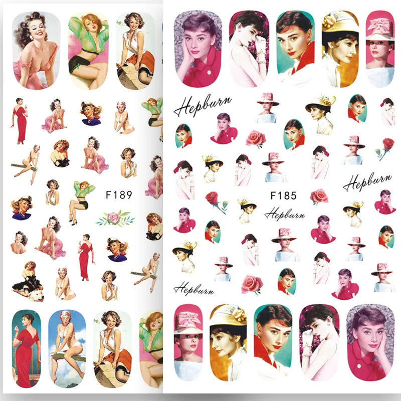 1pc Sexy Lady Nail Sticker Beauty Woman Design Audrey Hepburn and Marilyn Monroe DIY Tatoo Manicure Sliders Adhesive F187