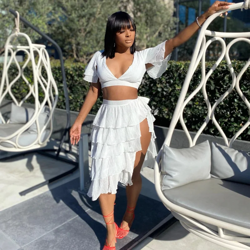 

WUHE Fashion Summer Cascading Ruffles High Side Split Skirt and Crop Tops Matching Two Piece Set for Women Beach Elegant Outfits