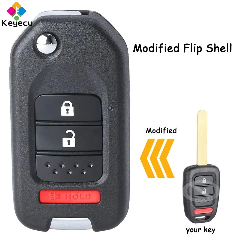 

KEYECU Modified Flip Remote Car Key Shell Case Cover With HON66 Uncut Blade 2+1 3 Buttons Fob for Honda Crosstour Fit CR-V