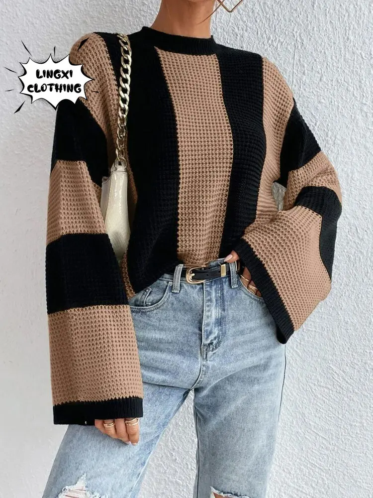 

2023 Spring and Autumn Fashion Warm Knit Sweater Top Round Neck Stripe Street Coffee Round Neck Winter Women's Warm Knit Top