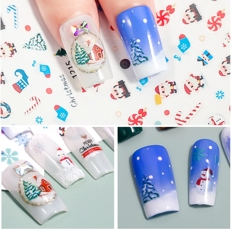 Christmas nail art sticker snow man flake flowers deer bell tree hat design back adhesive super thin manicure strips YJ037