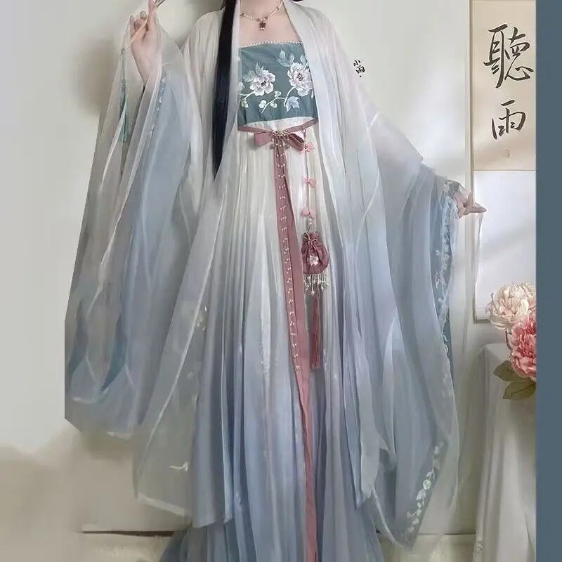 

2022 старинное китайское платье Hanfu, женское платье на Хэллоуин, модель Hezi Hanfu династии Тан, летнее розовое и синее платье с градиентом