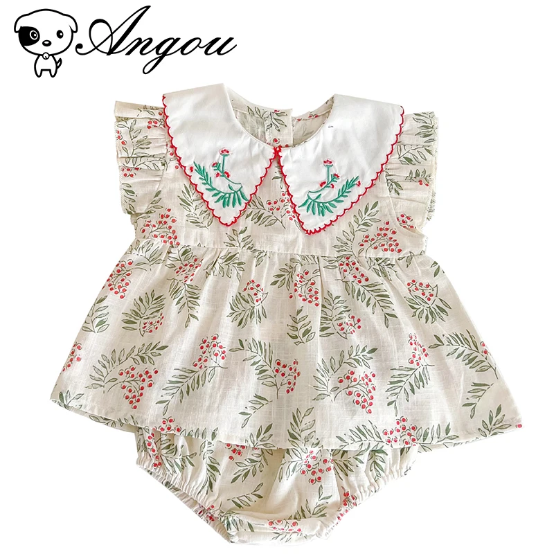 

Angou Newborn Girls Small Floral Embroidery Lapel Flying Sleeves Short Sleeve Jumpsuit Dress Suit+Bread Pants Shorts 2 pieces