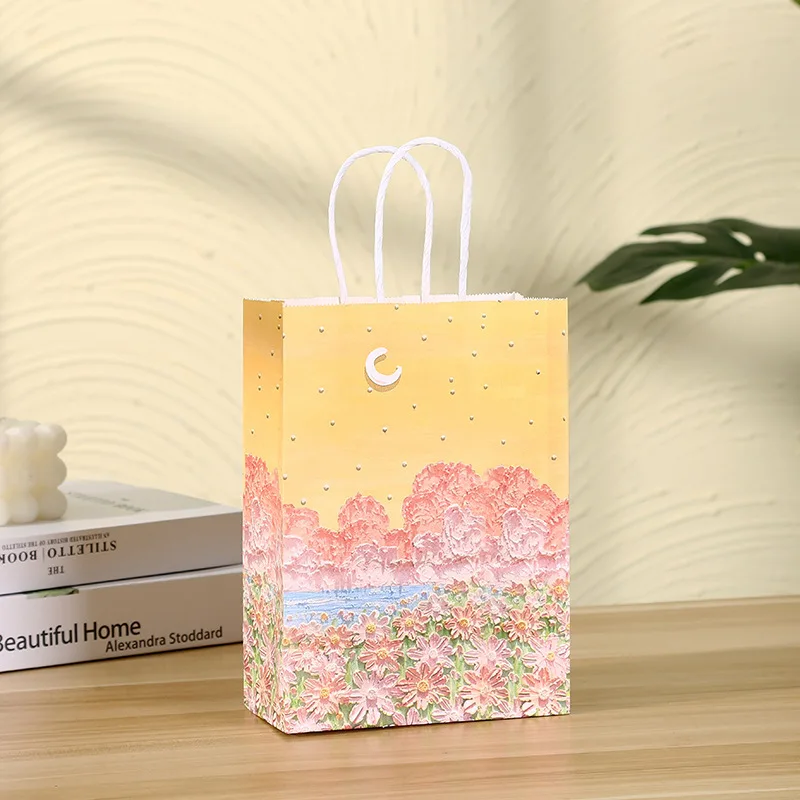 24pcs Party Kraft Paper Gift Bag with Handle 3D Oil Painting Candy Cake Favor Bags Wedding Baby Shower Birthday Decoration
