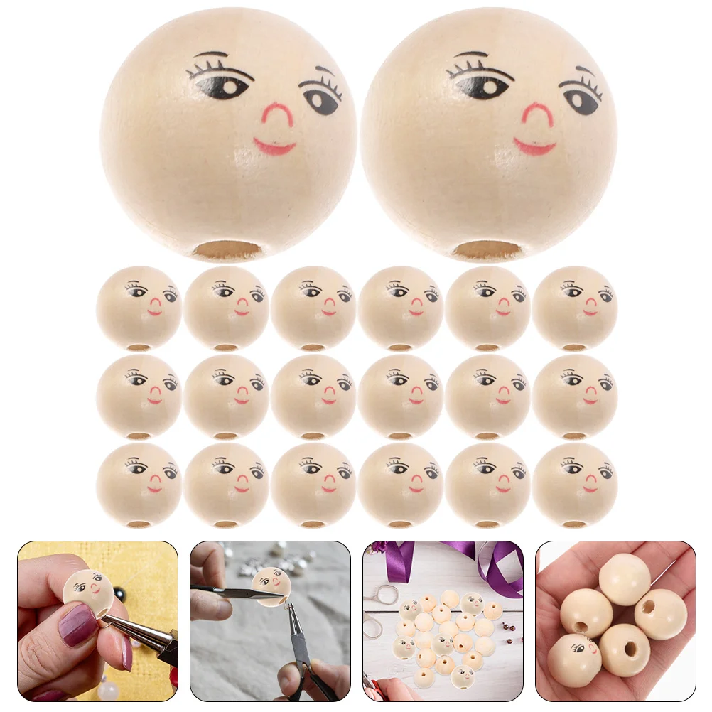 

50 Pcs Wooden Beads Kids Bracelet Girls Small Suite Unfinished Bulk Child Round Crafts Holes With face