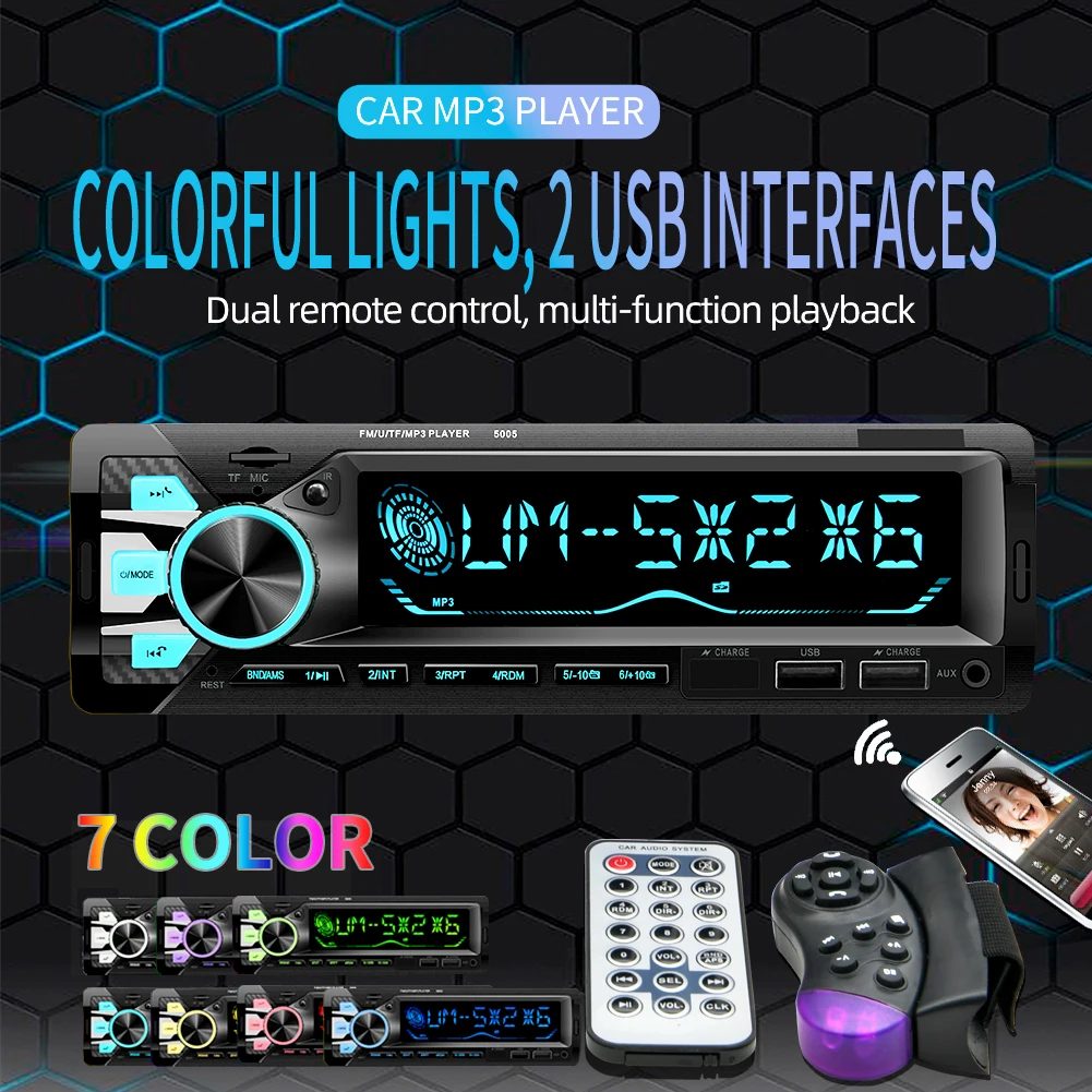 

Car Radio Audio 1 Din Bluetooth Stereo MP3 Player FM Receiver 12V With Colorful Lights AUX/USB/TF Card In Dash Kit with APP