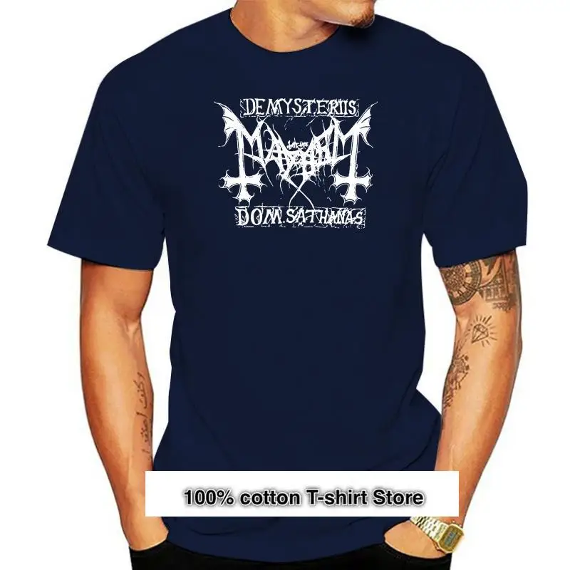 

Camiseta informal con estampado Mayhem para hombre, camisa negra de Metal, con cuello redondo y manga corta