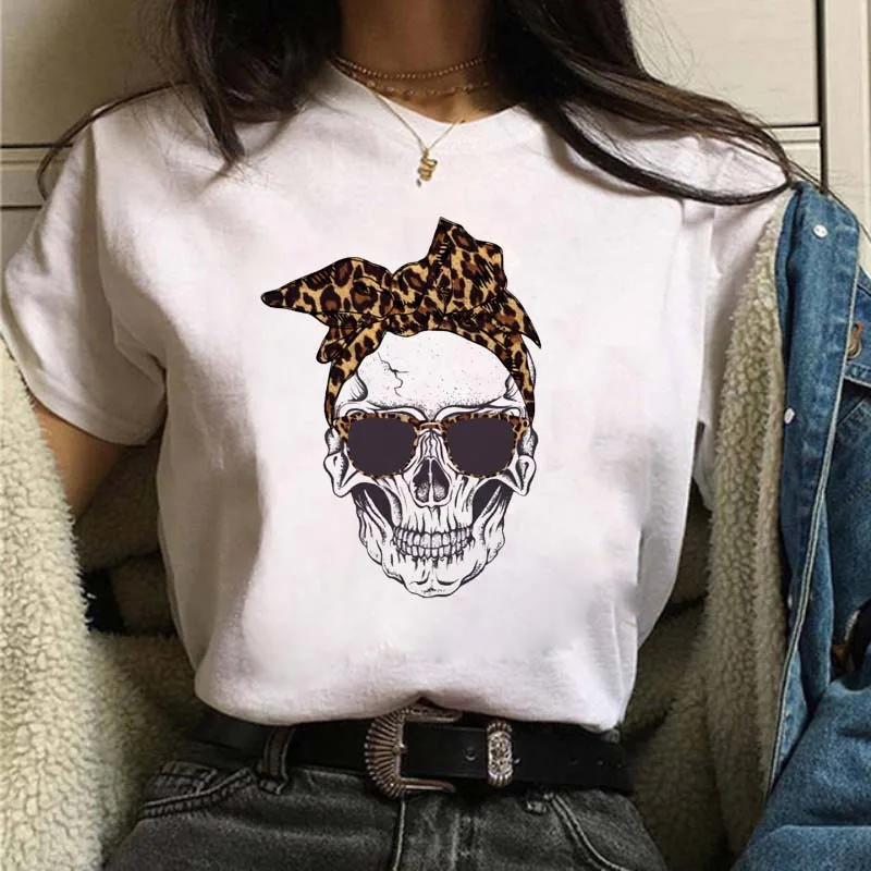 

Fashion Leopard Skull Printed Women T-shirt Summer Loose Black Female T-shirt Casual Round Neck Harajuku Tops Woman Clothes