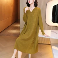 solid color knitted dress womens 2022 autumn and winter new fashion and elegant v neck loose long dresses yellow mother coat