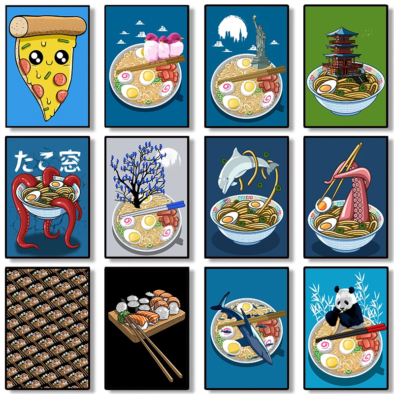 

Рисунок в японском стиле для суши, пейзаж, Мультяшные животные, для детской спальни, для бара, для кафе, домашний декор, настенное искусство, постеры, Картина на холсте