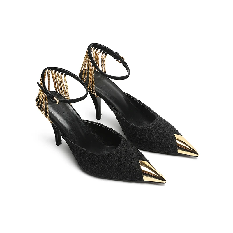 2023 Summer New Chain High-heeled Shoes Sandals Shallow-mouthed Baotou Women's Shoes Thin Heeled Pointed Metal Head Single Shoes