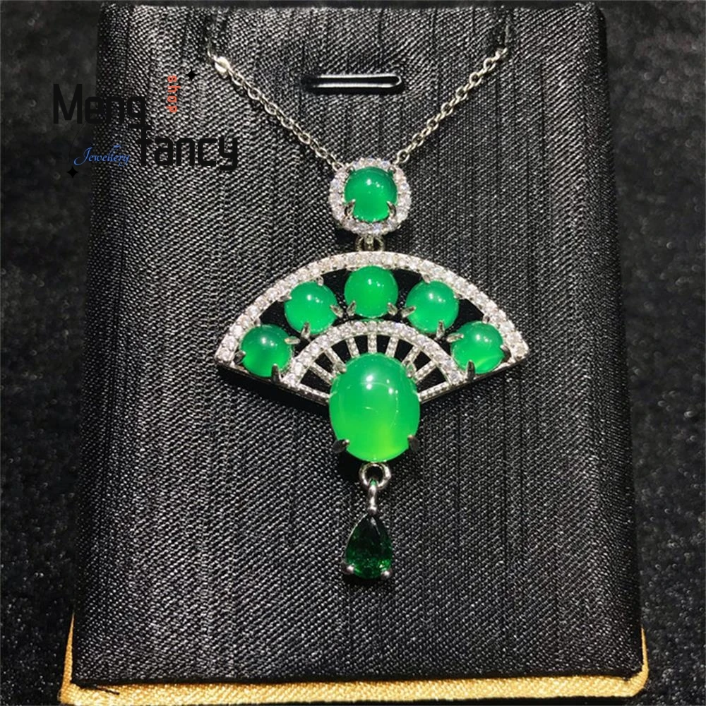 

Natural Chalcedony S925 Silver Fan Pendant Charms Fashion Jewelry Mascots Clavicular Chain Couple Luxury Souvenir Holiday Gifts