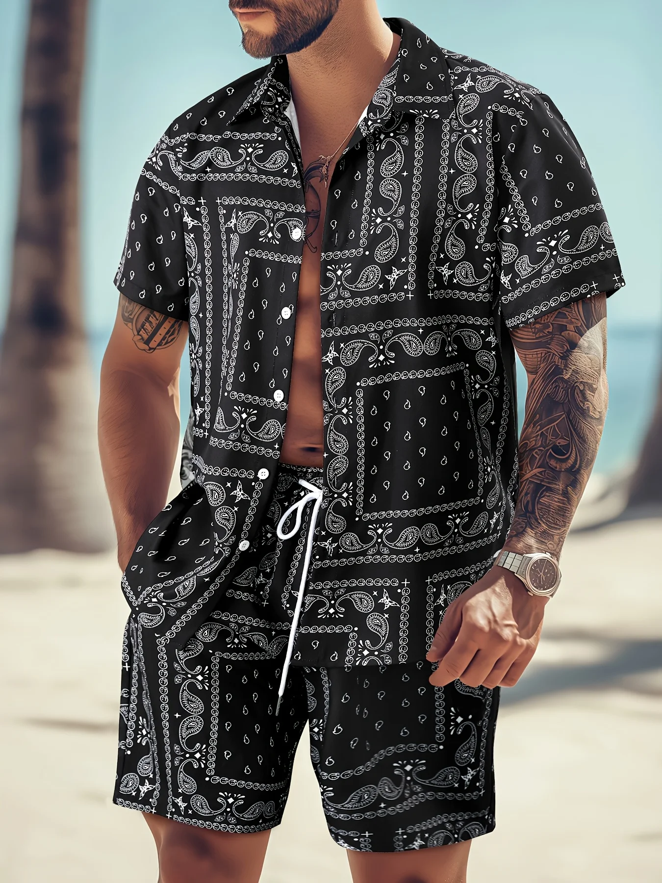 Фото 2pcs Fashion Men's Paisley Print Shorts Shirt Set Drawstring Waist Summer Beachwear White with Black Floral Prints Asian Size №3