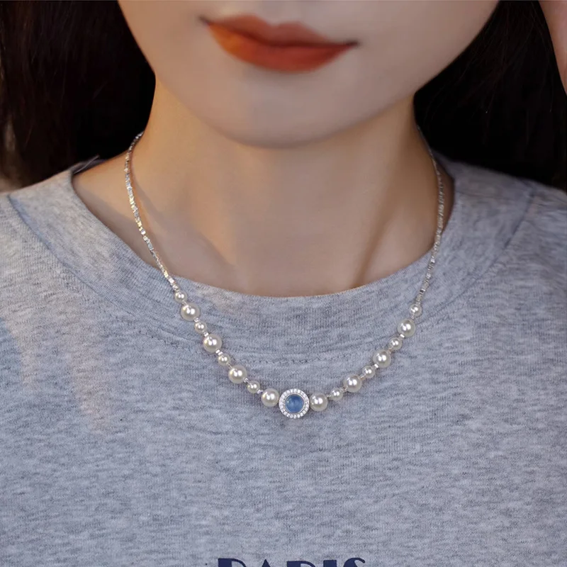 lingzhiwu женское ожерелье из натурального жемчуга + серебро 925 пробы с аквамарином и