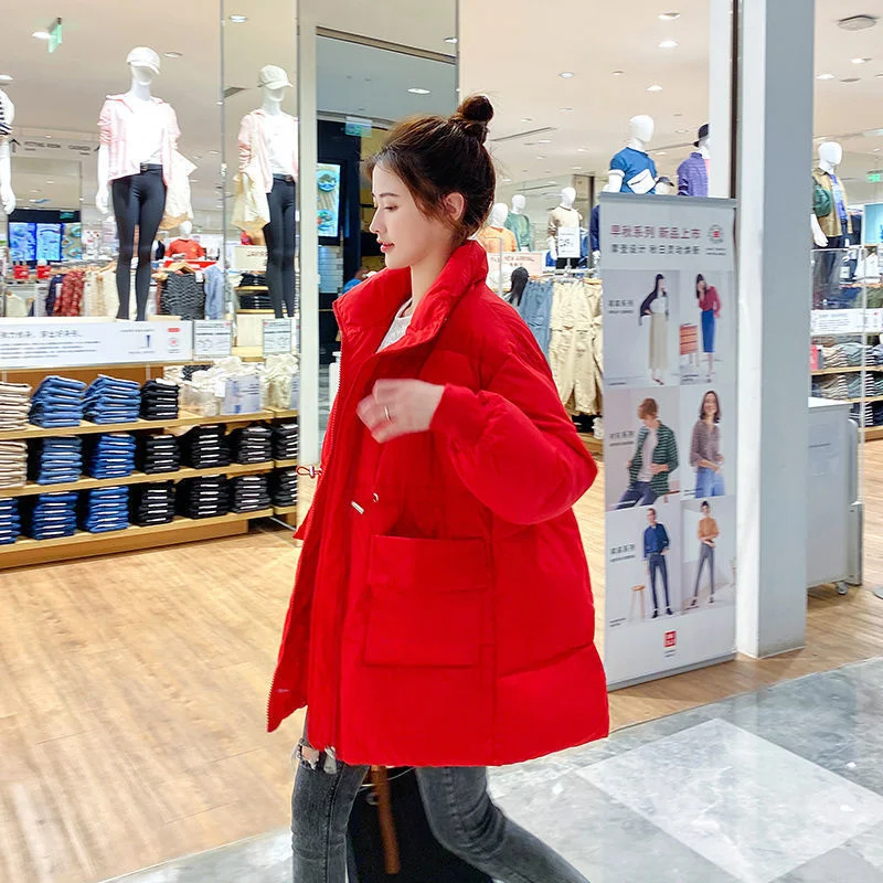 New Winter Coat Down Jacket Clothes Women's Down Coat Loose Drawstring Mid-Length Thick Cotton-Padded Jacket Outwear