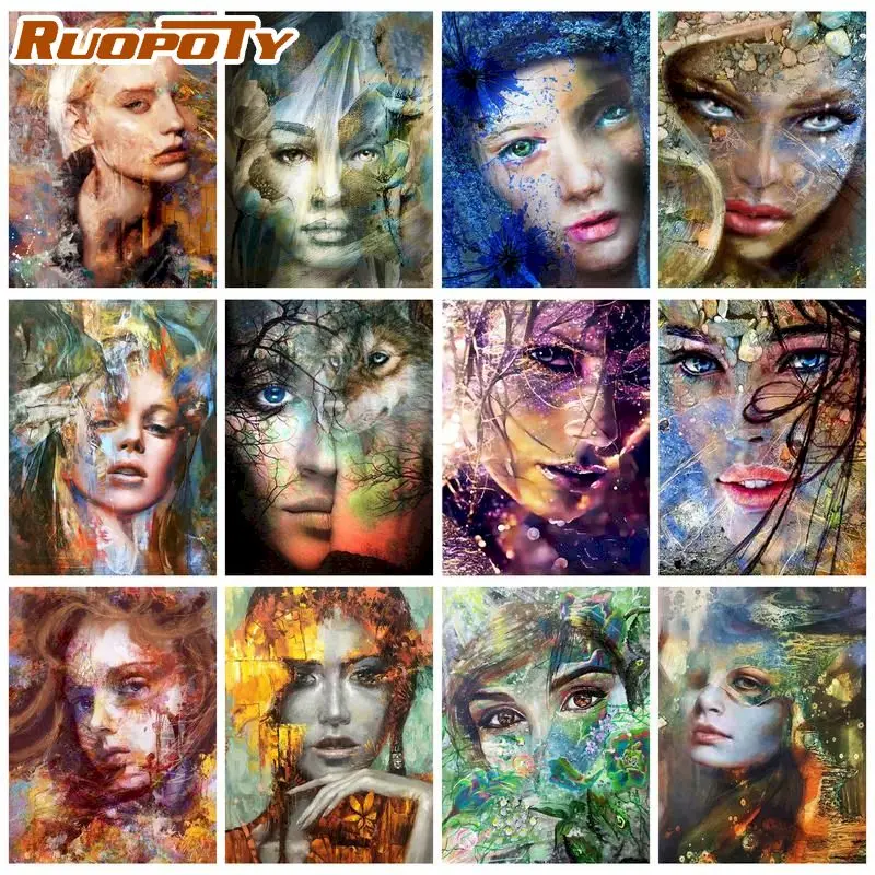 

RUOPOTY Oil Painting By Numbers Colorful Women Head Acrylic Paints Painting By Number Art Painting Home Decor