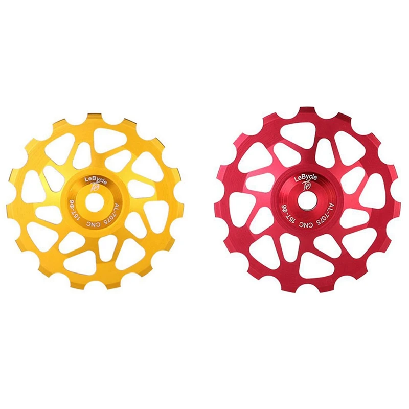 

2Set Lebycle 15T 7075 MTB Bicycle Rear Derailleur Pulley Jockey Road Bike Guide Roller Tensioner Golden & Red
