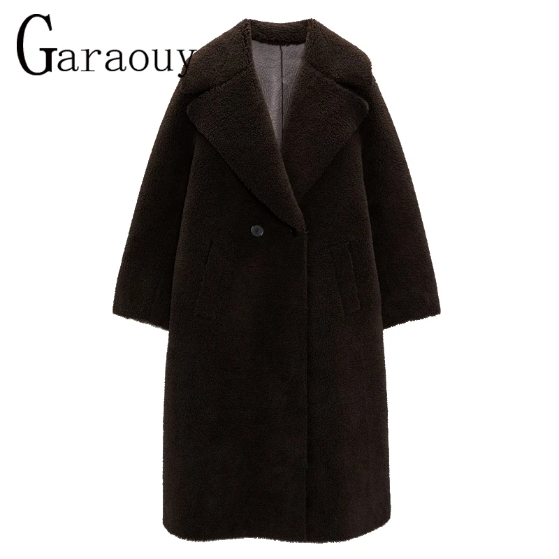 

Garaouy 2023 Winter Woman Faux Leather Fur Jacket Vintage Lapels Long Lambswool Coats Warm Oversized Double Sided Outwear Mujer
