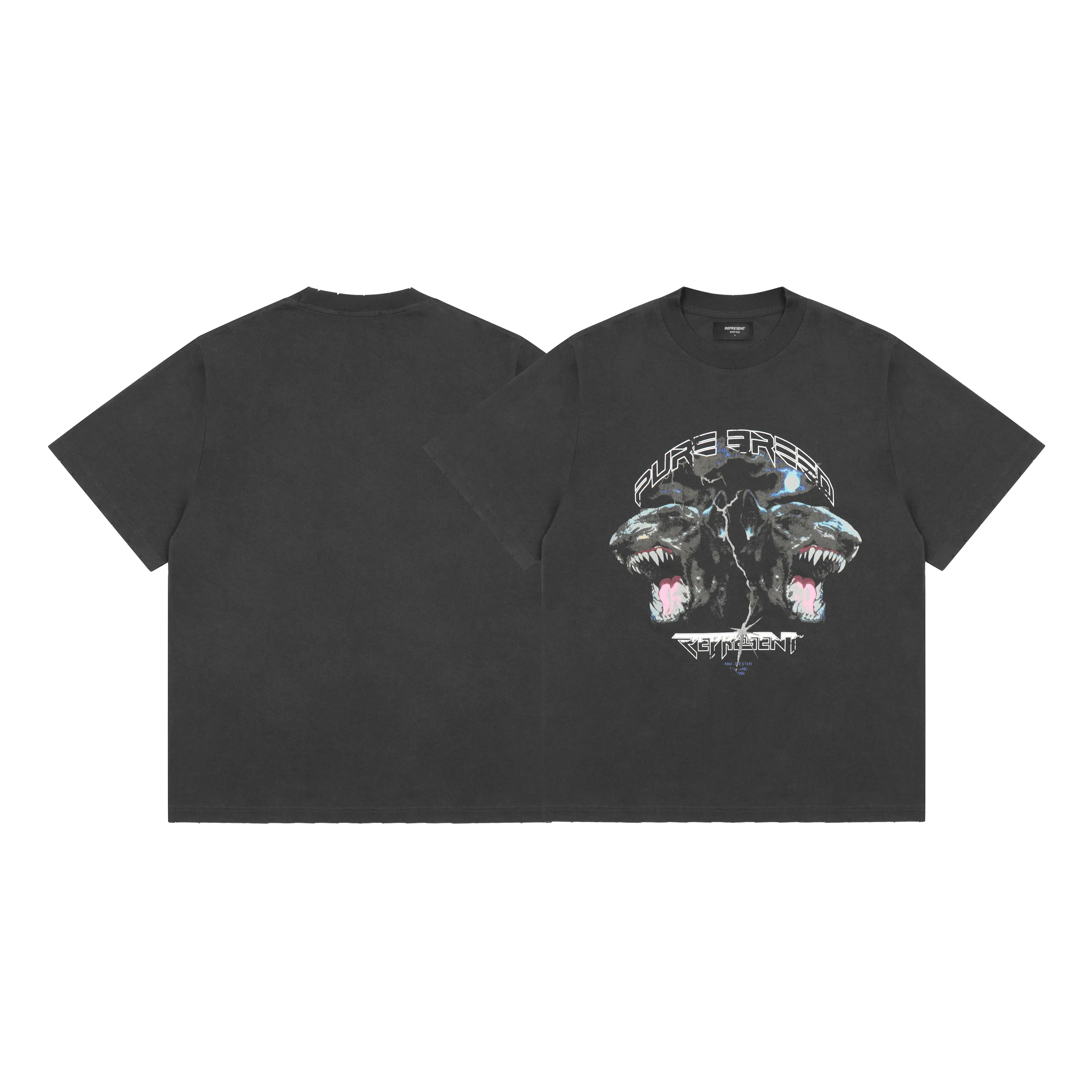 

REPRESENT Washed Retro Worn High Street Couple Short-sleeved Bull Terrier Lightning Men And Women T-shirt