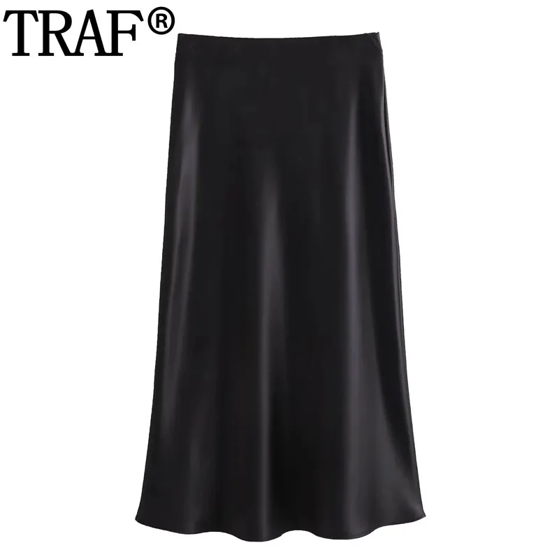 

Черная атласная юбка TRAF 2024, длинные юбки с высокой талией для женщин, осенняя шикарная и элегантная женская юбка, стильная женская юбка миди