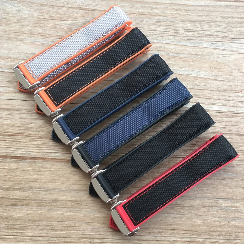 

20mm 22mm Orange Blue Red Rubber Silicone With Nylon Watch Band Strap For OMEGA Planet Ocean Seamaster 300 Speedmaster Bracelet