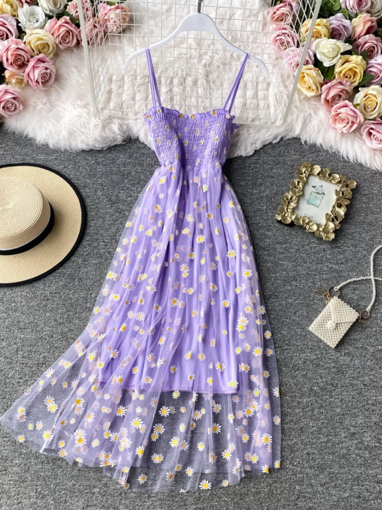 

Women Daisy Print Dresses Summer Boho Sexy Lace Mesh Dresses Spaghetti Strap Ruched Floral Korean Style Dress Purple