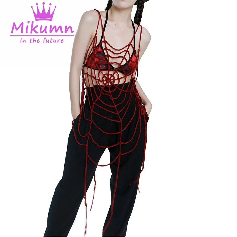 Harajuku Gothic Red Black Spider Web Tassel Hollow Out Long Tank Top Women Girls Chic Streetwear