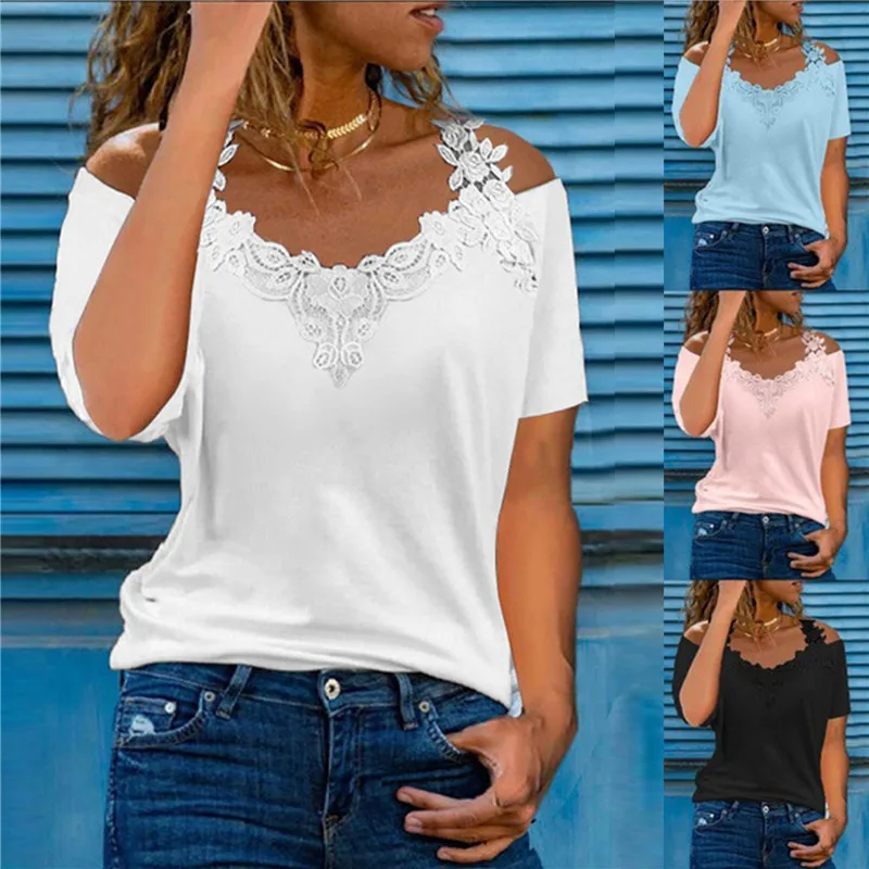 Simple Tops Women Short Sleeve Loose T Shirt Summer Ladies Casual Comfortable Tees Top Solid Color Lace Patchwork T-Shirt