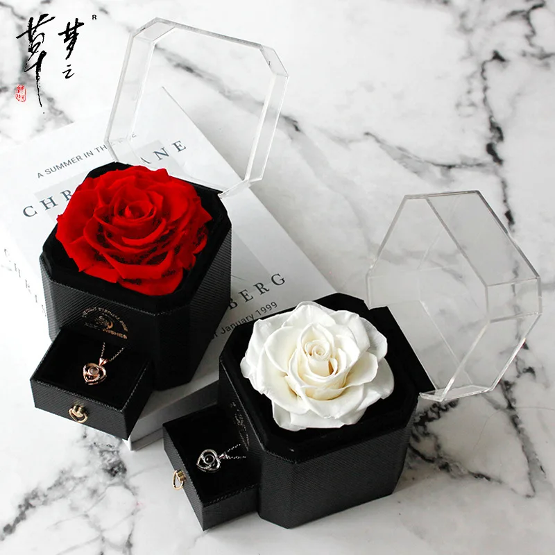 

American Style Transparent Simulation Rose Flower Jewelry Box Ornament Festival Party Rose Flower Jewelry Storage Box Decor