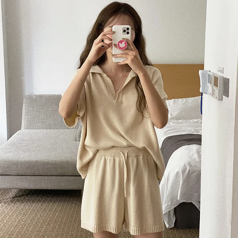 

Clothland Women Stylish Knitted Blouse Shorts Suit Basic Knitted Shirt Mini Shorts Summer Simple Elegant Two Pieces Set TZ310
