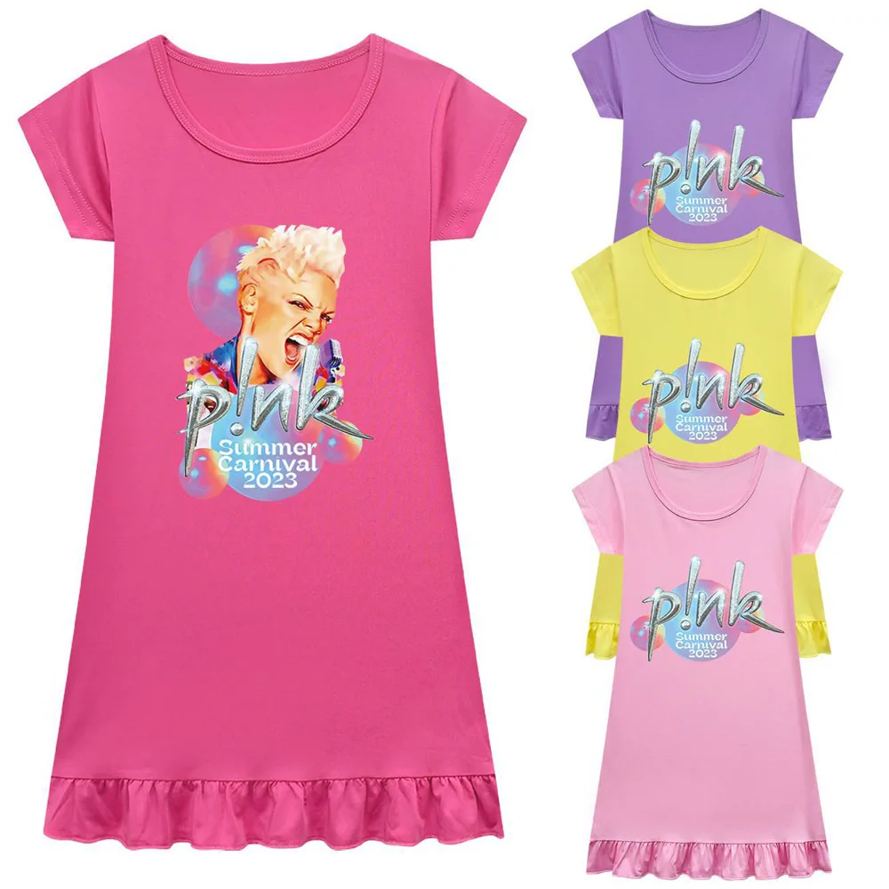 

P!nk Nightdress Baby Girl Pajamas Dresses Children Music Summer Carnival 2023 Nightgown Home Clothes Kids Sleepwear Gecelik