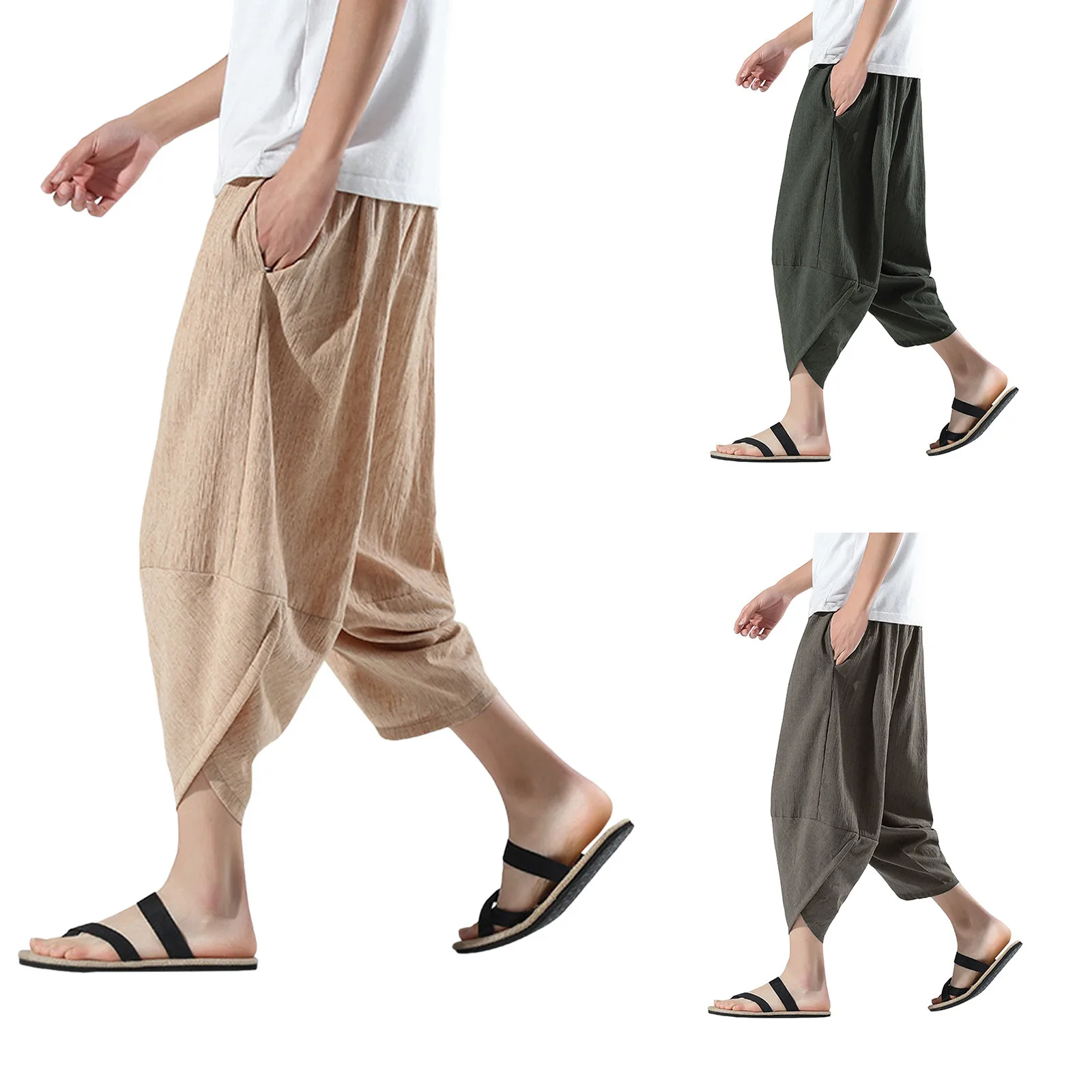 Брюки мужские хлопково-льняные до щиколотки повседневные мешковатые