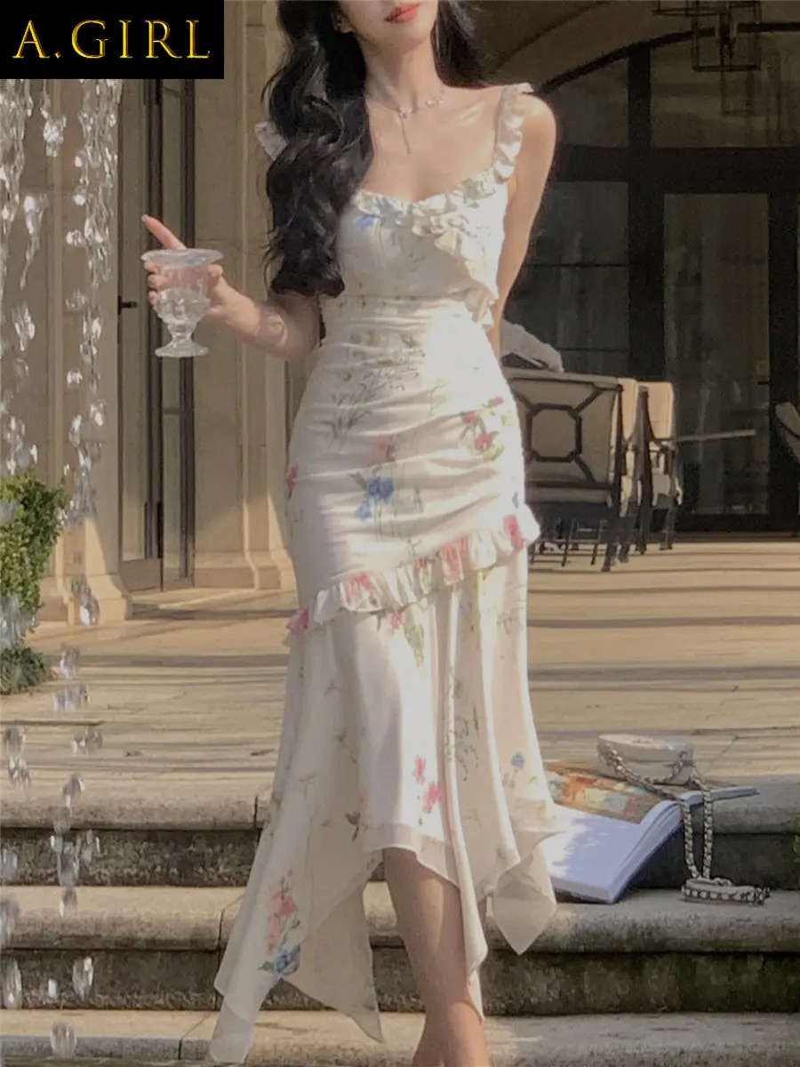

A GIRLS Floral Print Irregular Ruffles Dress For Women Summer Sexy Straps Elegant Party Evening Vintage Female Bodycon Robe