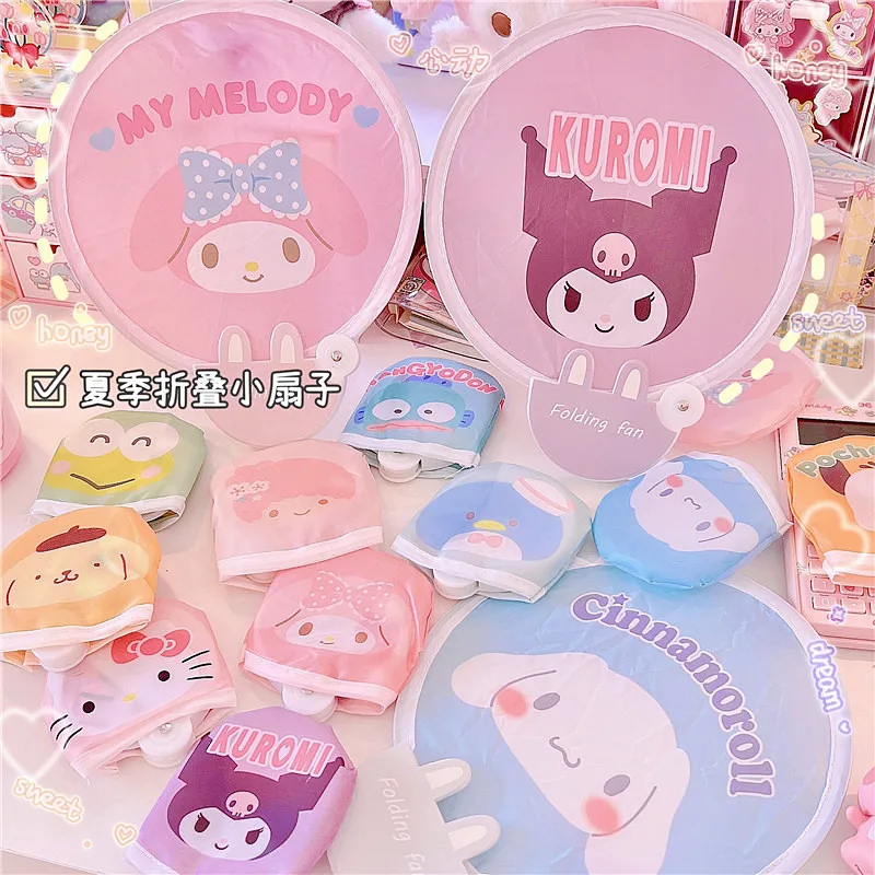 

Sanrios Cute Cartoon Kawaii Kittly cat MyMelody Kuromi Cinnamoroll Summer out Portable Foldable Round fan Student fan