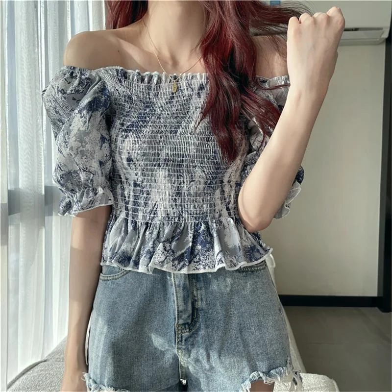 

2022 New Vintage Small Sexy One Line Neck Waist Broken Flower Fashion Off Shoulder Pleated Waist Slim Pleated Shirt Top