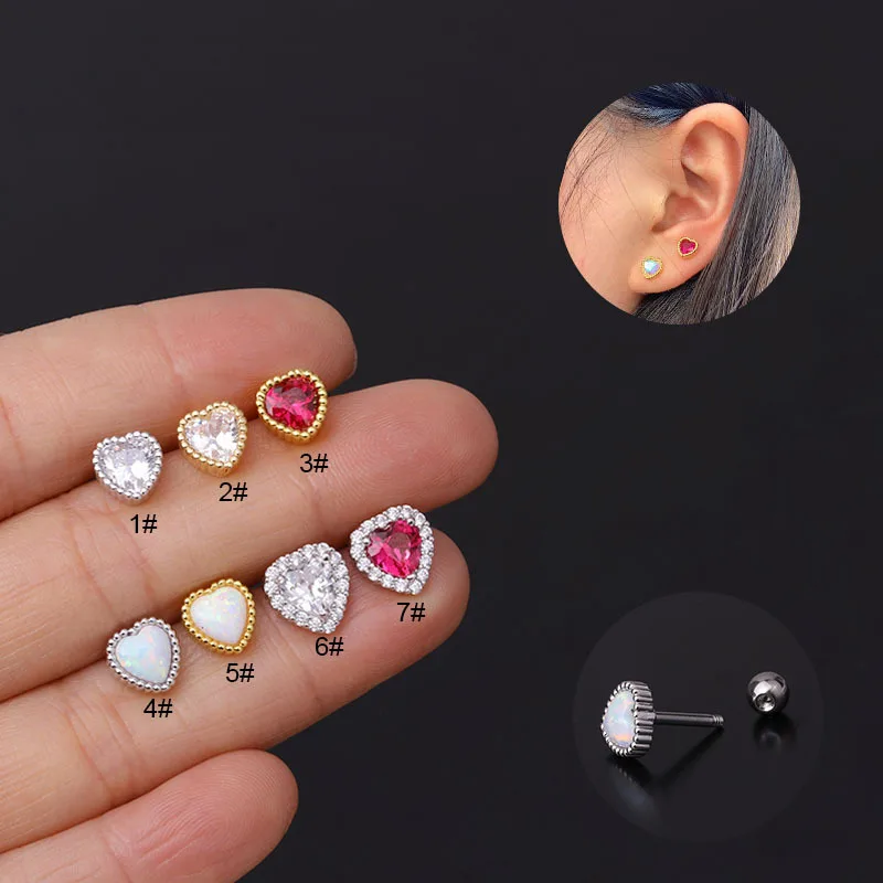 

1Pair 1.2mm Stainless Steel Piercing Heart Stud Earrings for Women Trendy Jewelry Cute Heart Zircon Opal Stud Earrings for Teens