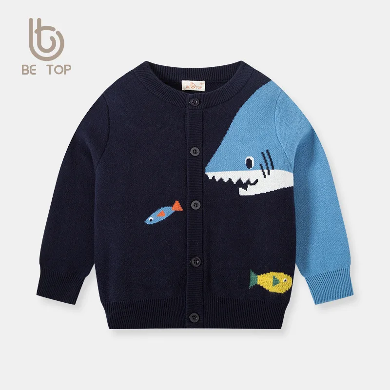 

3-11y Kids Sweaters Spring Winter Boys Single Breasted O-neck Long Sleeve Shark Cardigan Children Top Knitwear Clothes H37