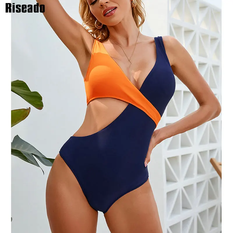 

Riseado Colorblock One Piece Swimsuit Women Sexy Cut Out Swimwear 2022 V-neck Monokini Backless Bodysuit Women Bathing Suits