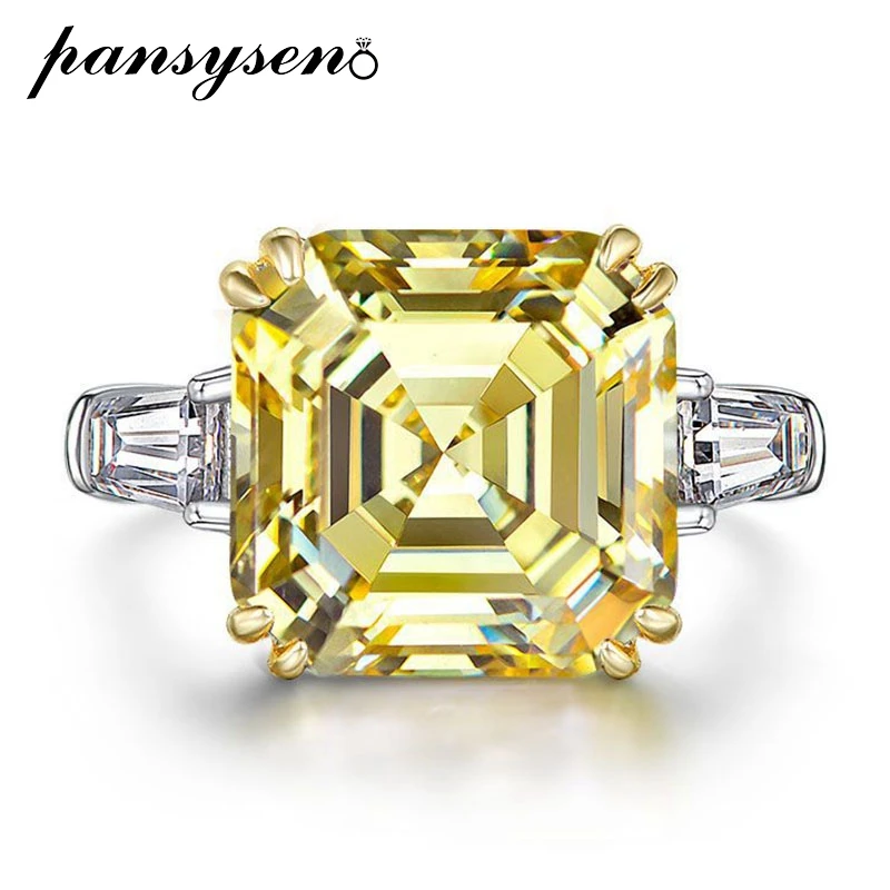 

PANSYSEN 925 пробы Silver Asscher Cut 12x12 мм Цитрин Сапфир с высокоуглеродистым бриллиантом драгоценный камень для коктейля вечерние кольцо ювелирные изделия